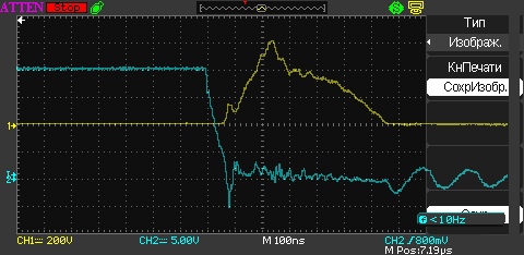 Желтый  -  сток,   синий -  затвор  (с  искрой)