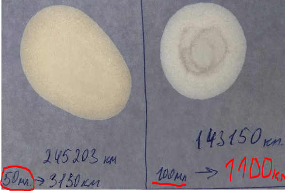 Капельная проба масла слева на старом 3150км и новом 1100км